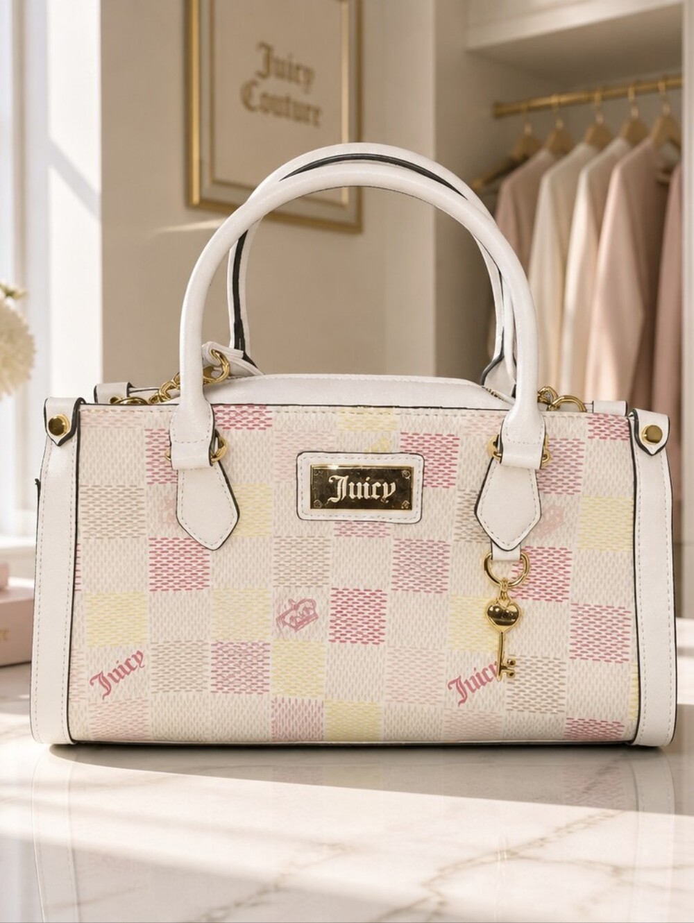 Nwt Juicy Couture White Satchel with Pink & Yellow Checker Accents